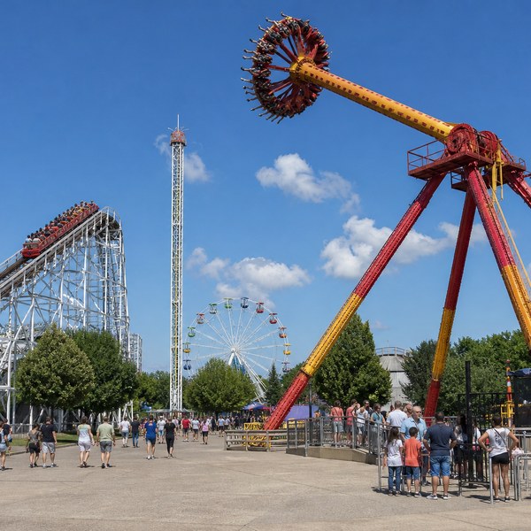 Giant pendulum frisbee ride swinging high next to a white roller coaster structure and drop tower in an outdoor amusement park