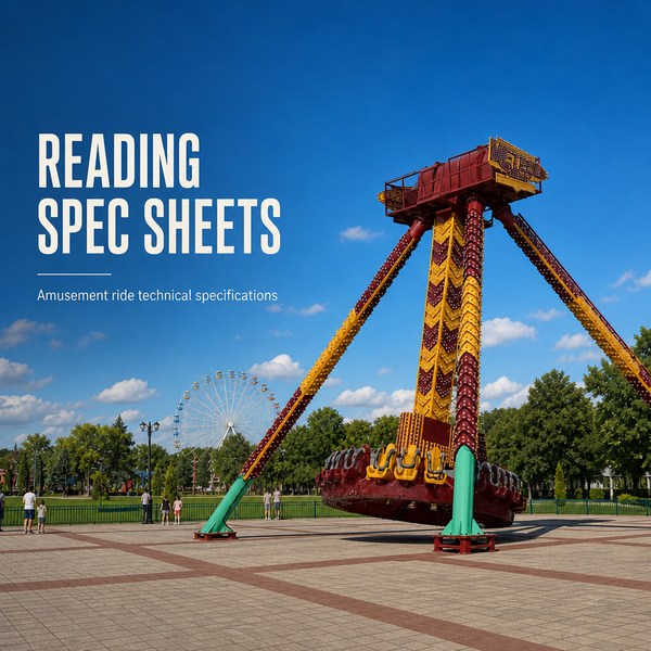 Giant pendulum ride operating outdoors under blue sky with technical spec sheets banner