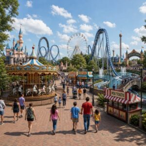 Visitors walking past carousel ride and roller coaster in Hotfun theme park