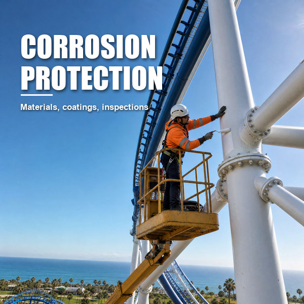 Maintenance technician painting roller coaster steel support pillar from boom lift for corrosion protection