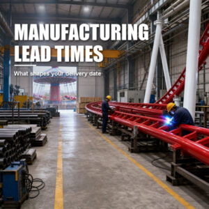 Engineers welding red roller coaster track in amusement ride factory workshop under manufacturing lead times banner