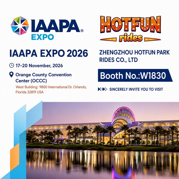 IAAPA Expo 2026 invitation graphic for Zhengzhou Hotfun Park Rides Co Ltd at Orange County Convention Center booth W1830