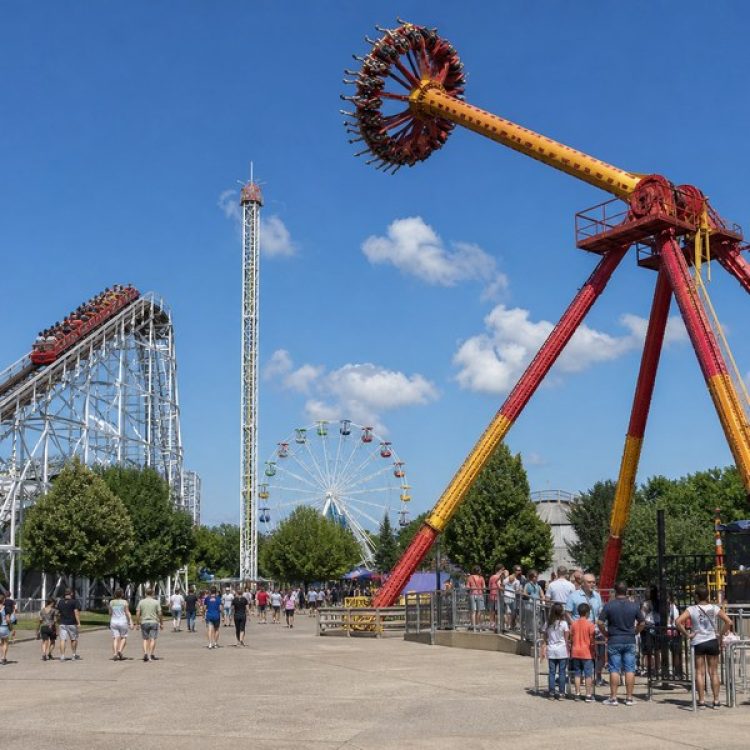 Giant pendulum frisbee ride swinging high next to a white roller coaster structure and drop tower in an outdoor amusement park