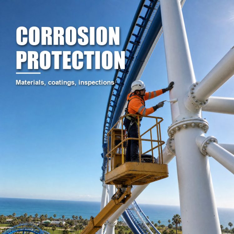 Maintenance technician painting roller coaster steel support pillar from boom lift for corrosion protection