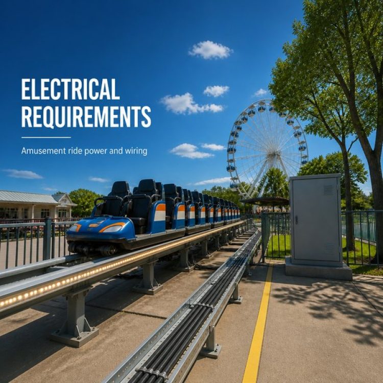 Electrical requirements guide text overlay with electrical cabinet and roller coaster train on track in front of ferris wheel