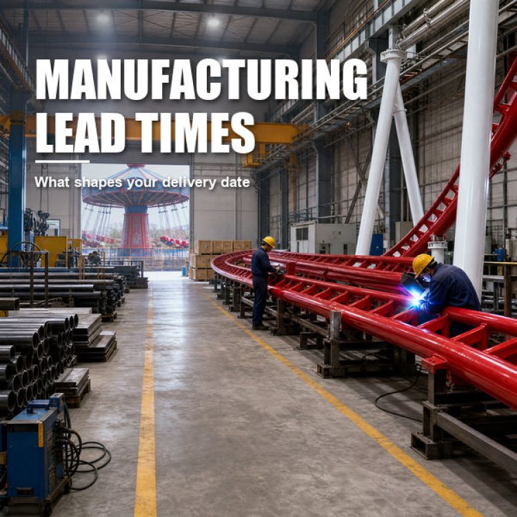 Engineers welding red roller coaster track in amusement ride factory workshop under manufacturing lead times banner